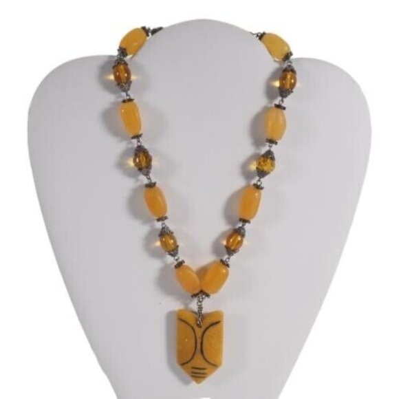 Vintage Chunky Beaded Yellow Necklace With Ethnic Pendant & Toggle Clasp - Picture 1 of 7